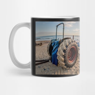 Closeup fisheye view of a tractor used for crab fishing on Cromer beach Mug